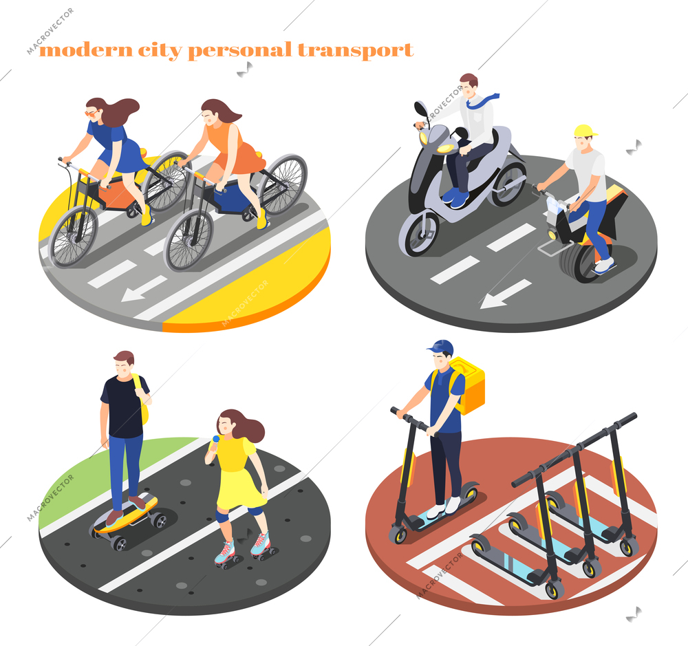 Isometric set of 4x1 icons with people using personal transport bike scooter skateboard motor cycle 3d isolated vector illustration