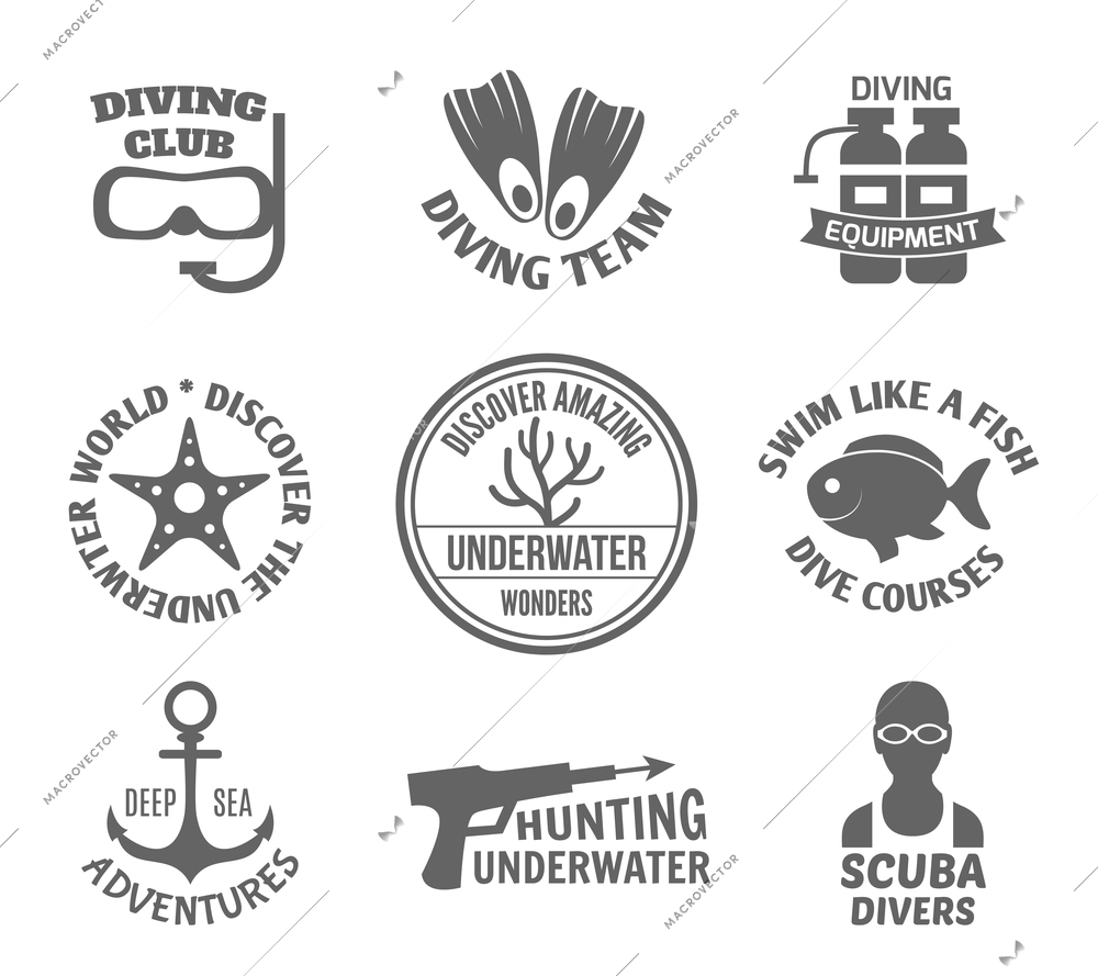 Diving club team equipment underwater world discover labels set isolated vector illustration.