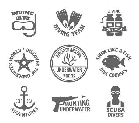 Diving club team equipment underwater world discover labels set isolated vector illustration.