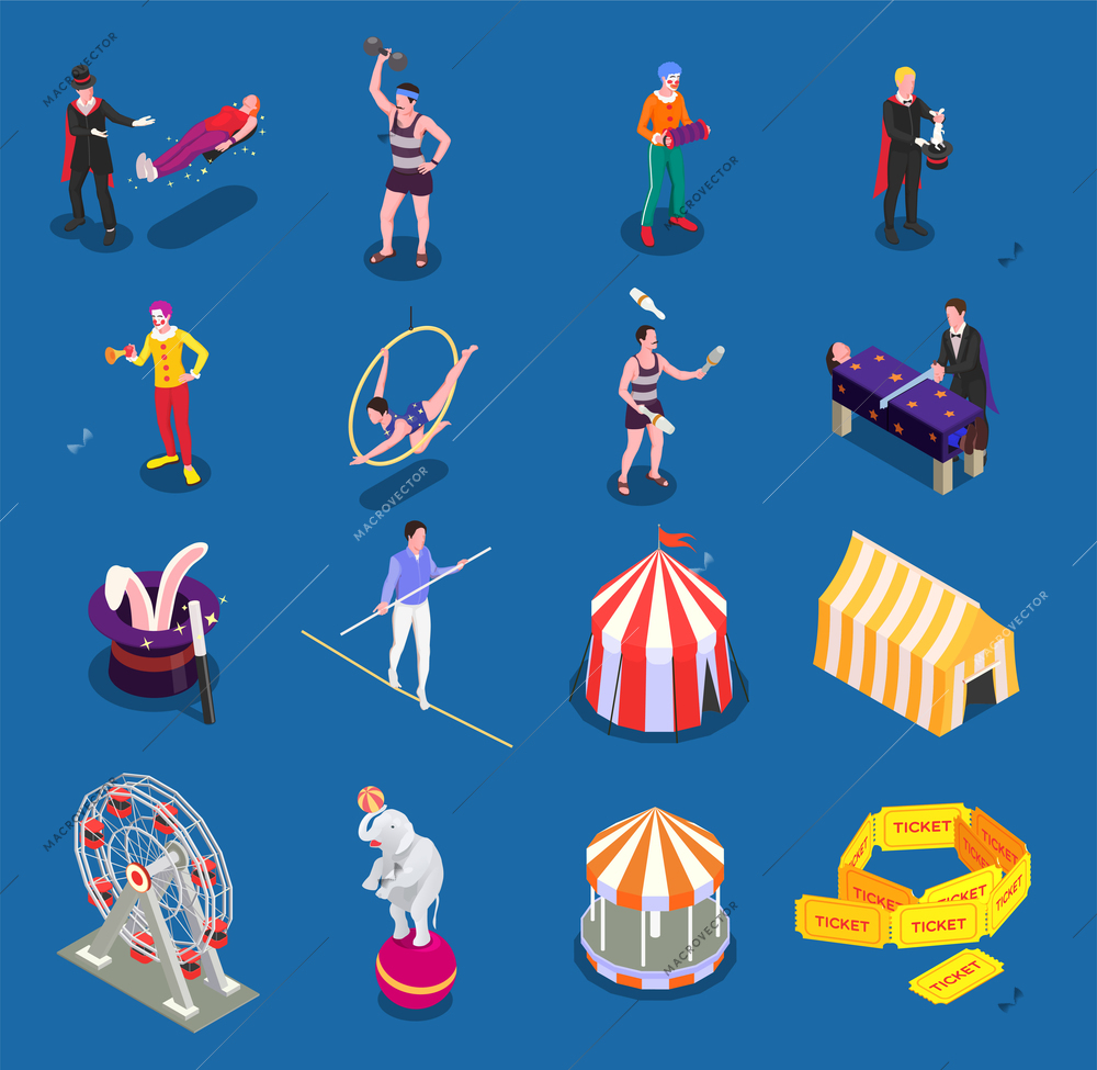 Circus isometric icons set with acrobats and animals isolated vector illustration