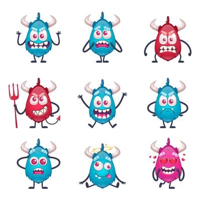 Cartoon monster emoticons set with isolated characters of doodle style monsters on blank background with horns vector illustration