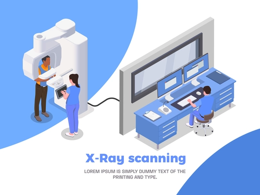 Stomatology clinic isometric poster with xray scanning symbols vector illustration