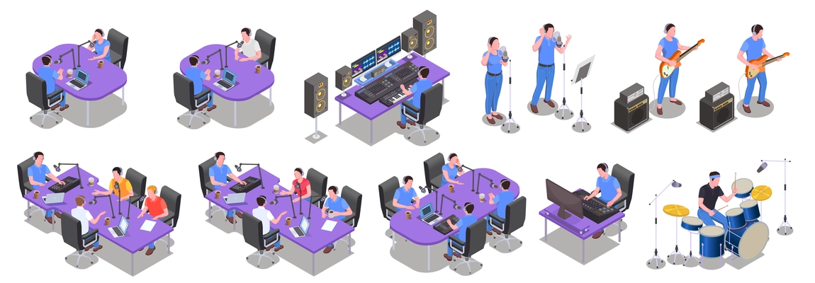 Radio studio icons set with music recording symbols isometric isolated vector illustration