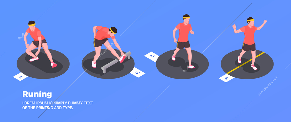 Running and training people set with fitness symbols on blue background isometric isolated vector illustration