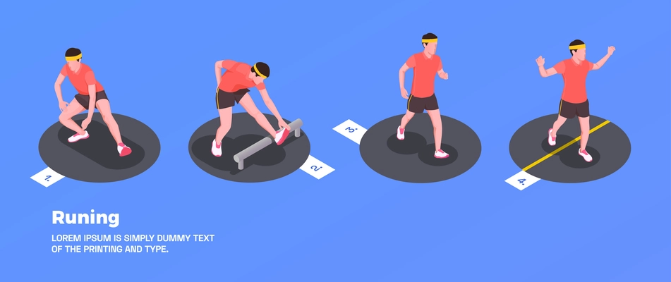 Running and training people set with fitness symbols on blue background isometric isolated vector illustration