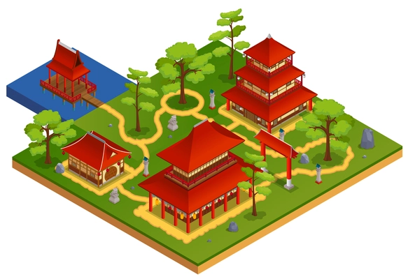 Asian buildings garden and landscape isometric concept vector illustration