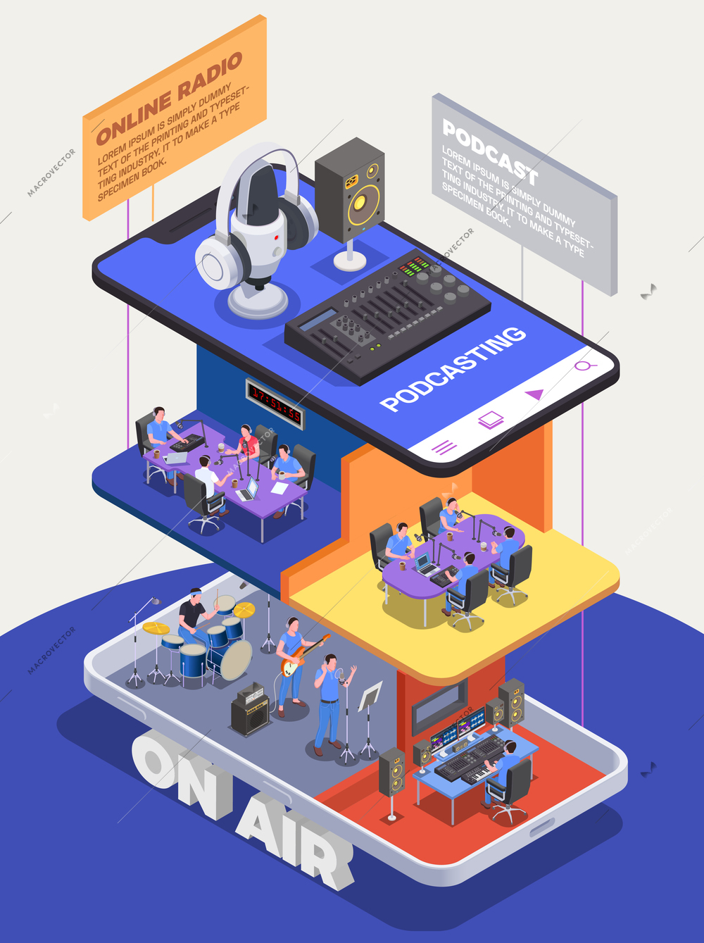 Radio studio concept with sound engineer and recording symbols isometric vector illustration