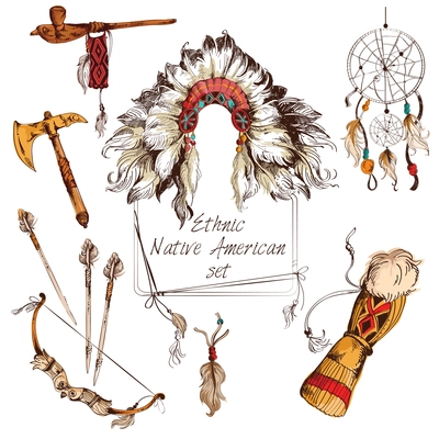 Ethnic native american indian tribal chief sketch colored decorative elements set isolated vector illustration