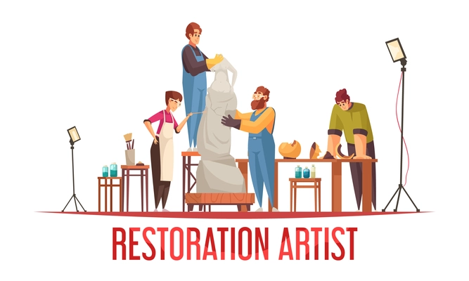 Flat artist restorer concept with group of people work on old statue vector illustration