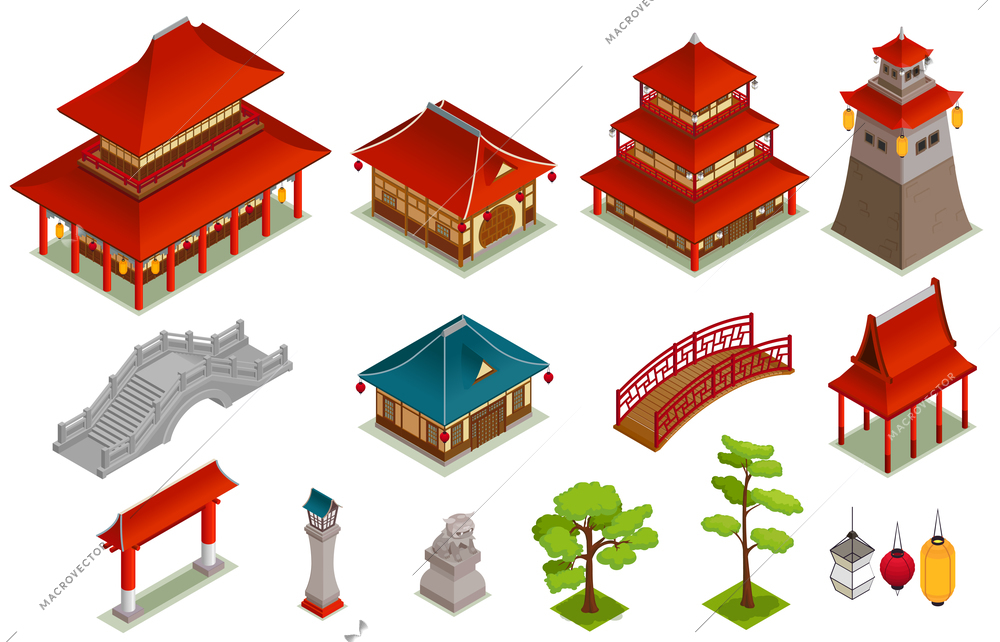 Asian buildings garden and architecture isometric set isolated vector illustration