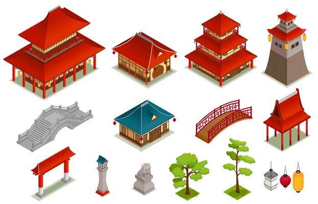 Asian buildings garden and architecture isometric set isolated vector illustration