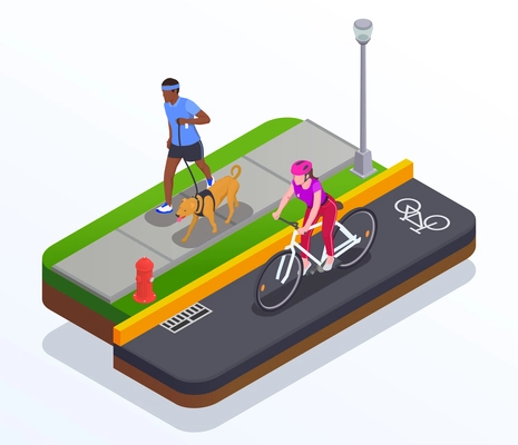 Running and cycling concept with active lifestyle symbols isometric vector illustration