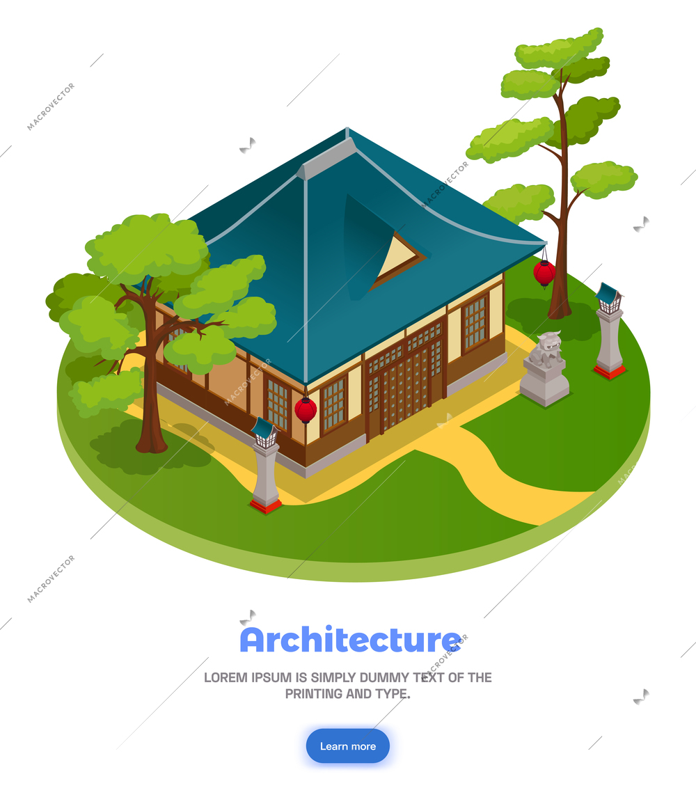 Asian architecture concept with garden landscape and house isometric vector illustration