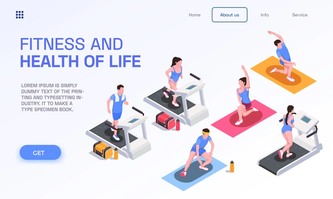 Running people page design with fitness symbols isometric vector illustration