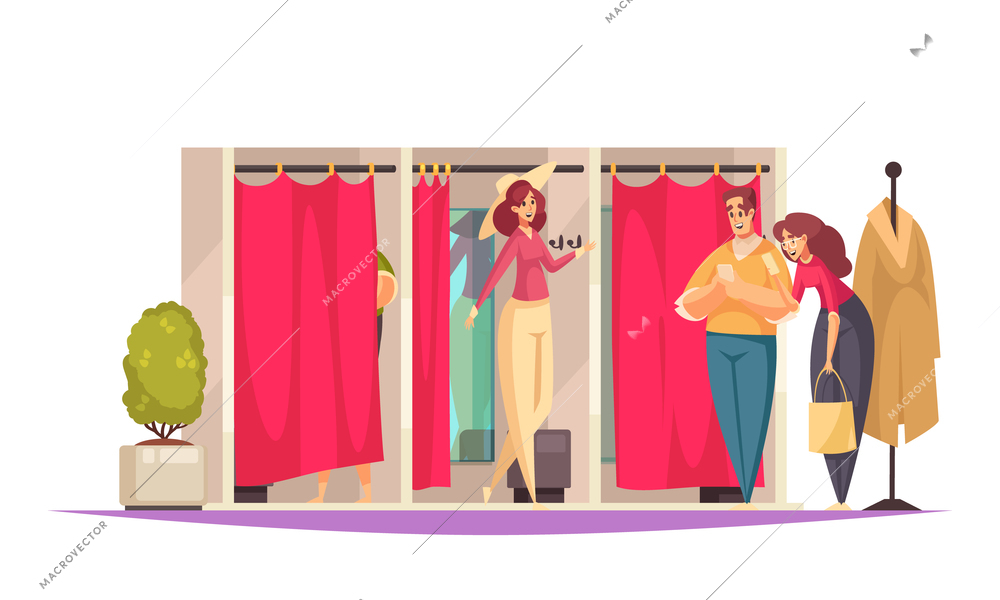 Flat shopping composition with fitting room in the store and people there vector illustration