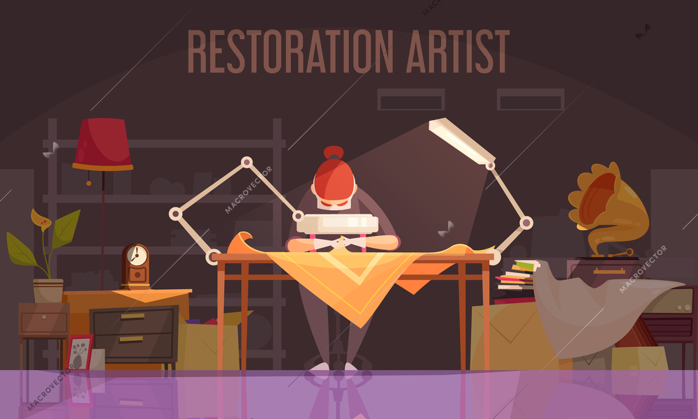 Artist restorer colored flat banner with restoration artist works on restoring things vector illustration