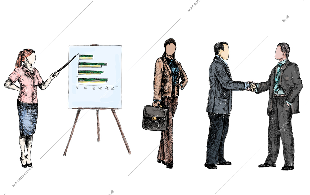 Business male female people colored sketch set presentation handshake isolated vector illustration