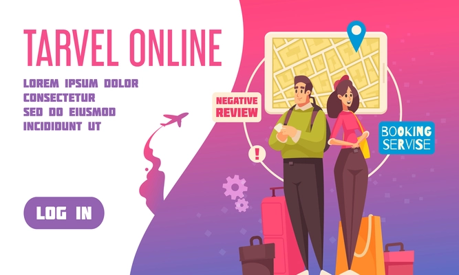 Flat travel booking landing page with links headline and log in button vector illustration
