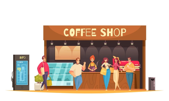 Shopping colored and flat composition with coffee shop and customers walk around vector illustration