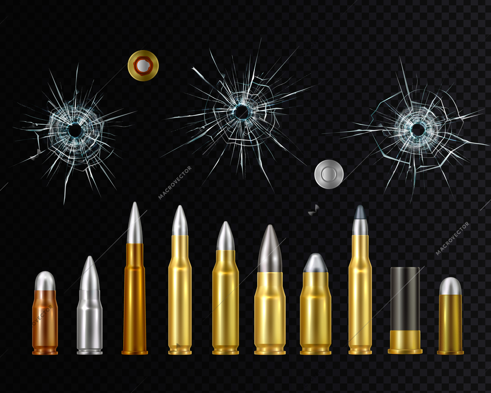 Gold steel and copper weapon ammo realistic set with bullet holes on dark transparent background vector illustration