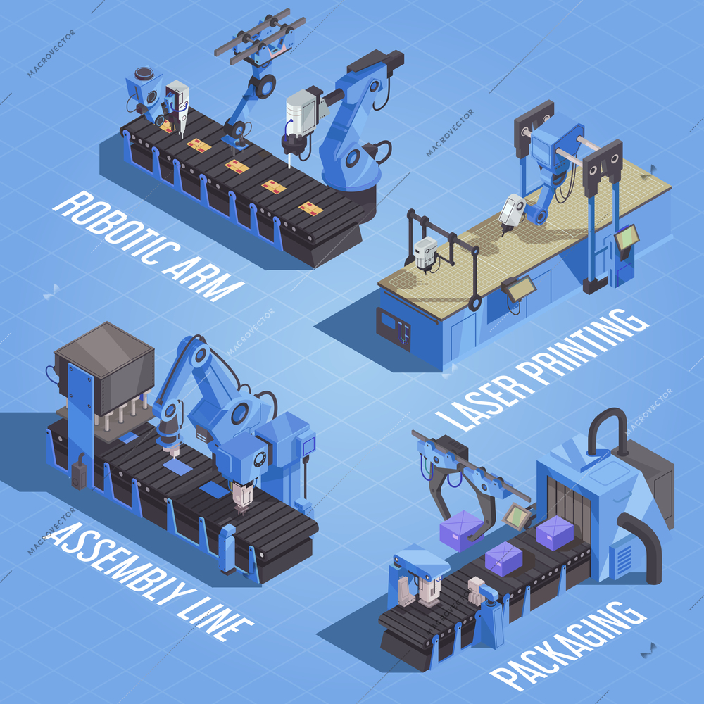 Isometric robot automation composition with robotic arm laser printing assembly line and packaging descriptions vector illustration