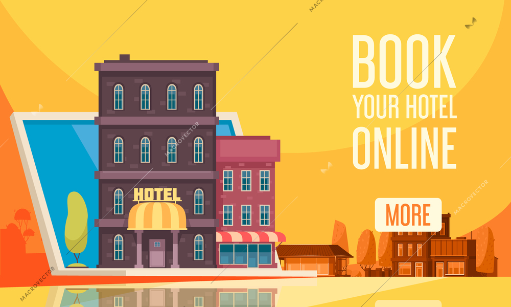 Flat travel booking hostel composition with book your hotel online and more button vector Illustration