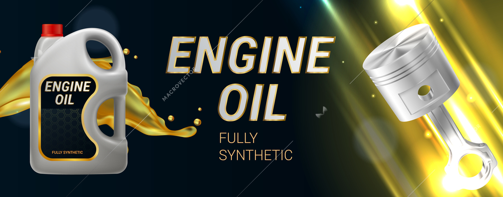 Engine oil advertising realistic horizontal illustration with plastic container piston and fully synthetic text vector illustration