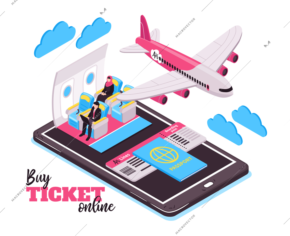 Buy ticket online and travel by airplane isometric design concept with  flying plane passengers and big smartphone vector illustration