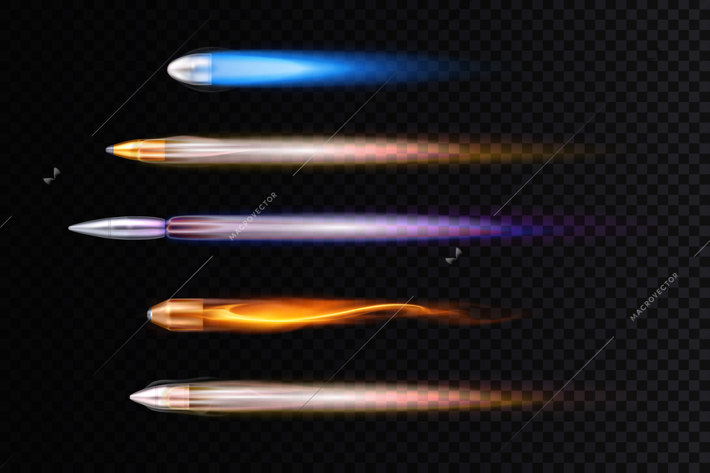 Realistic images of colorful flying bullets traces    on transparent background isolated vector illustration