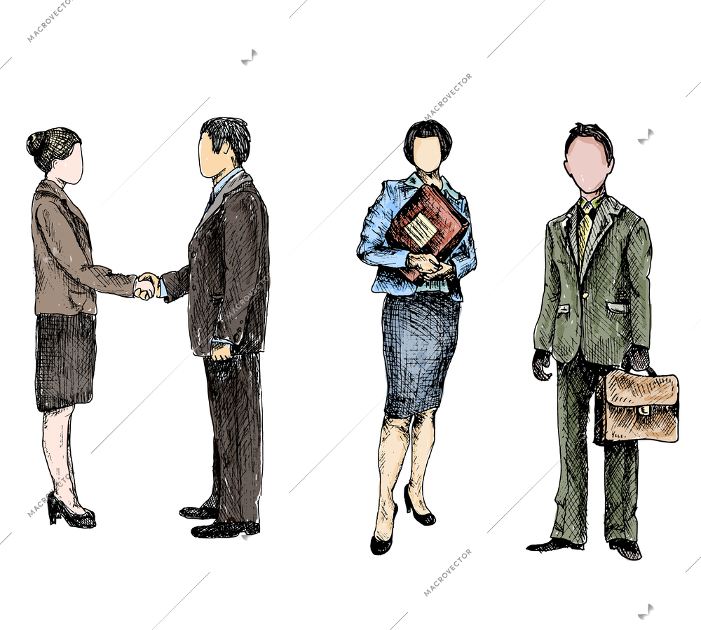 Business male female people colored sketch set isolated vector illustration