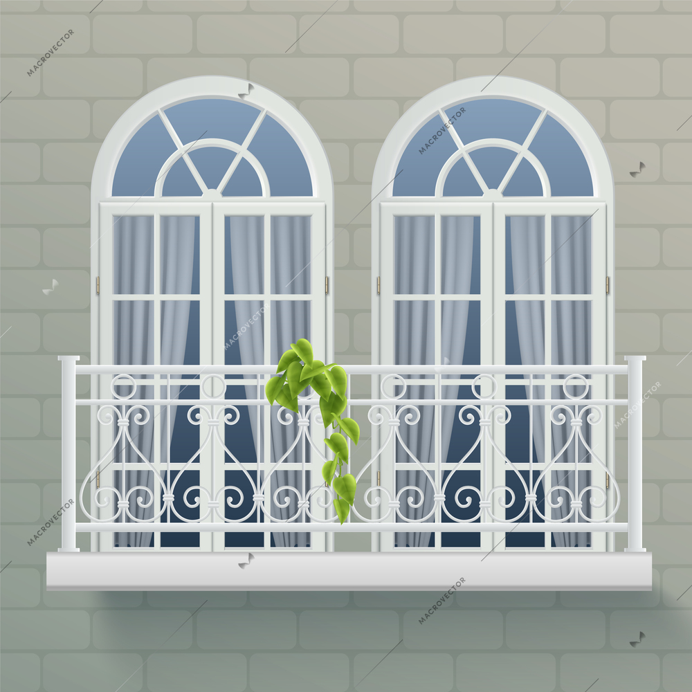 Fragment of house wall with two windows united by shared balcony with forged ornamental fence realistic vector illustration