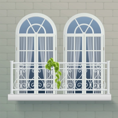 Fragment of house wall with two windows united by shared balcony with forged ornamental fence realistic vector illustration