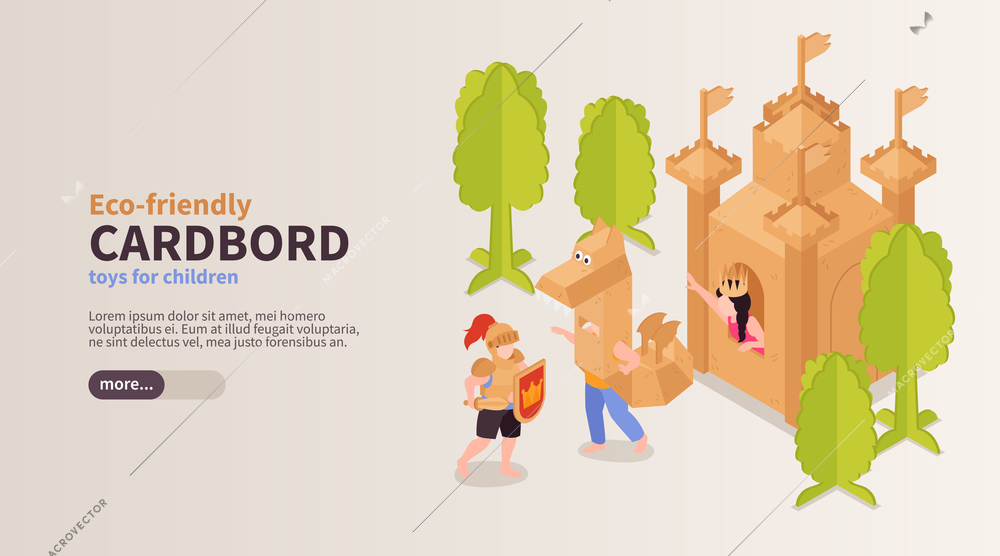 Eco friendly toys for children horizontal banner with boy and girl playing with cardboard castle and dragon isometric vector illustration