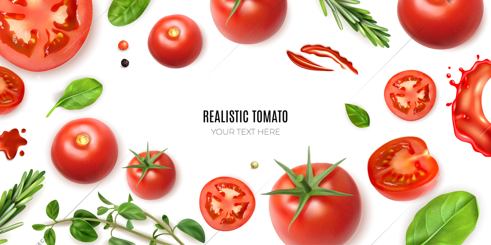 Realistic tomato frame background with editable text surrounded by isolated images of ripe vegetables and greens vector illustration