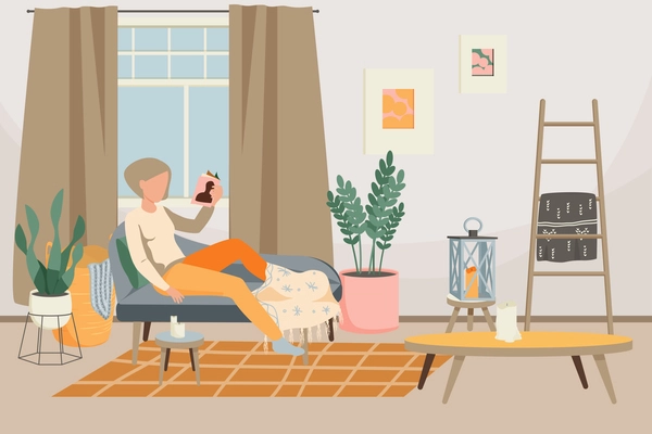 Hygge lifestyle flat background with relaxing woman and stylish interior of living room with decor furniture vector illustration