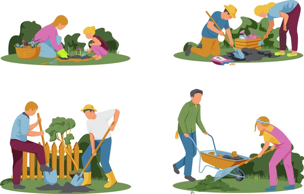 Spring gardening 4x1 set of flat compositions with outdoor scenery and people performing different field works vector illustration