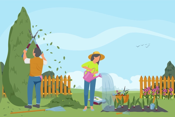 Spring gardening flat composition with characters of gardeners working in outdoor garden scenery with growing vegetables vector illustration