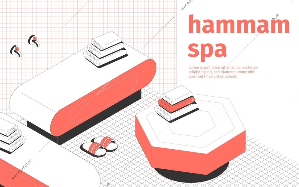 Hammam spa and massage room interior slippers and towels 3d isometric vector illustration