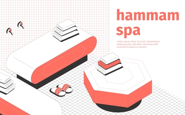 Hammam spa and massage room interior slippers and towels 3d isometric vector illustration