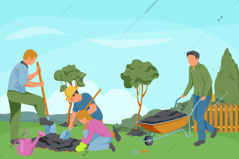 Spring gardening flat composition with faceless characters of gardeners with digging instruments and outdoor garden landscape vector illustration