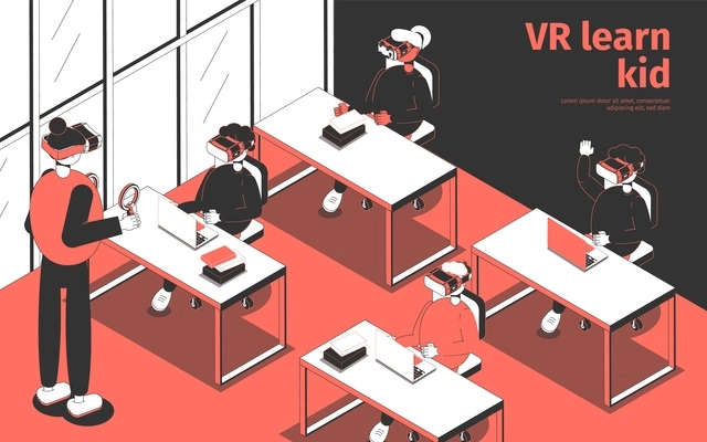 Students and teacher wearing virtual reality glasses studying in classroom 3d isometric vector illustration