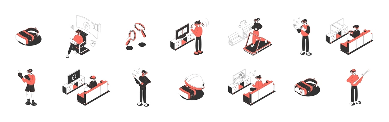 Isometric icons set with people in virtual reality glasses playing doing sports watching films isolated 3d vector illustration