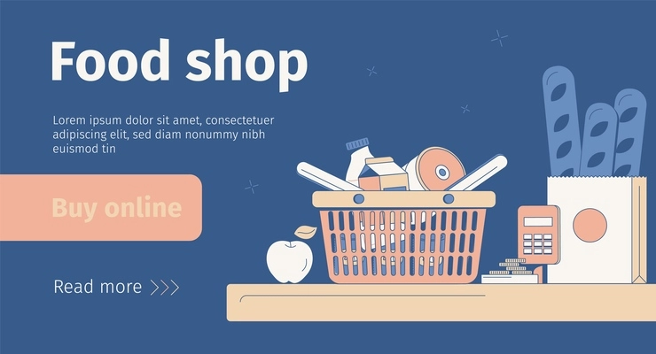 Online food shop flat banner with basket and bag with products on cash desk vector illustration