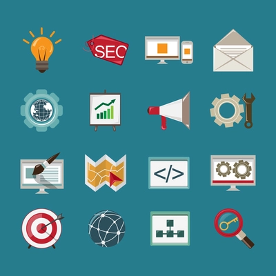 SEO mobile computer website optimization analysis icons set isolated vector illustration.