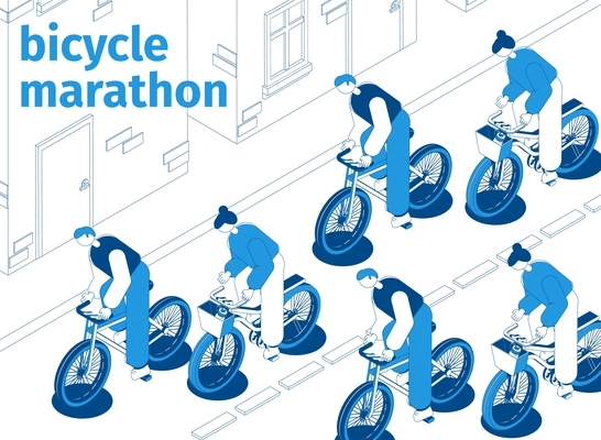 Men and women taking part in bicycle marathon riding along street blue and white 3d isometric vector illustration