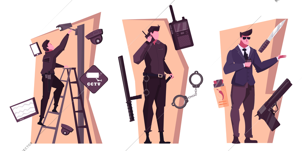 Security service flat compositions with people working bodyguard home and office safety isolated vector illustration