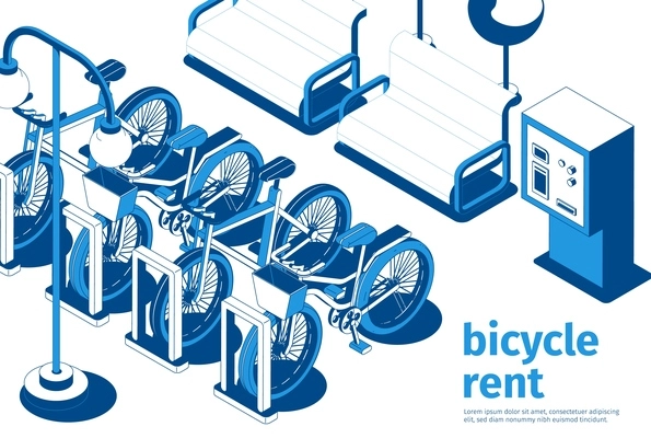 City bicycle rent service spot with parked bikes and benches of white and blue color 3d isometric vector illustration