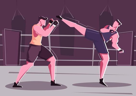 Hand to hand combat flat poster with two male persons in sport uniform wrestling in ring vector illustration