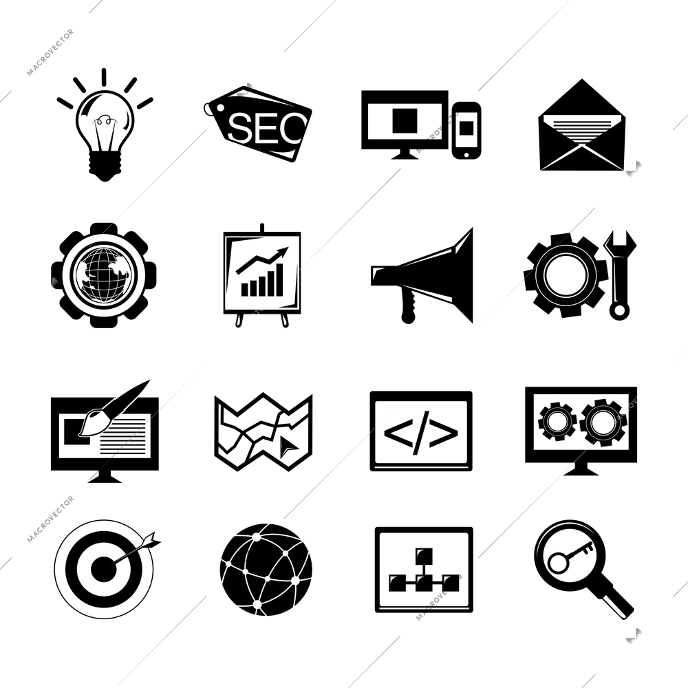 SEO mobile computer website optimization software black icons set isolated vector illustration.