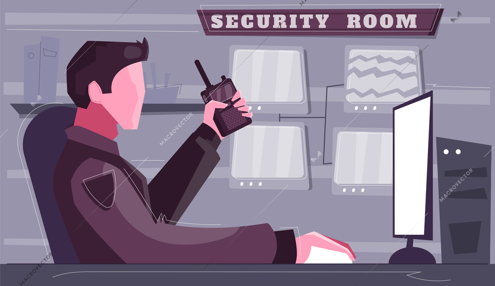 Security control room flat background guard character with portable radio watching at screen vector illustration